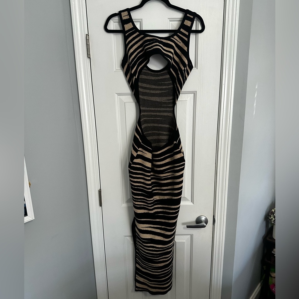 Runaway The Label Black Tan Zebra Cutout Bodycon Maxi Dress L - Picture 3 of 9